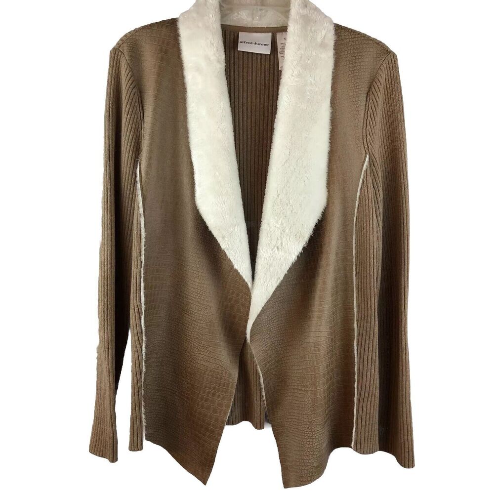 Alfred Dunner 12 Tan Ribbed Cardigan Open Front Sweater Jacket Faux Suede & Knit